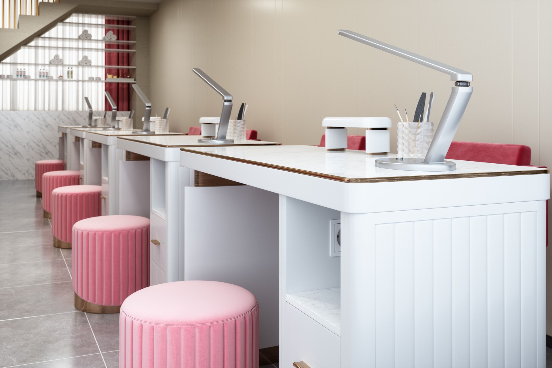 Modern Nail Spa Interior With Close-up View Of Manicure Tables And Nail Care Equipments