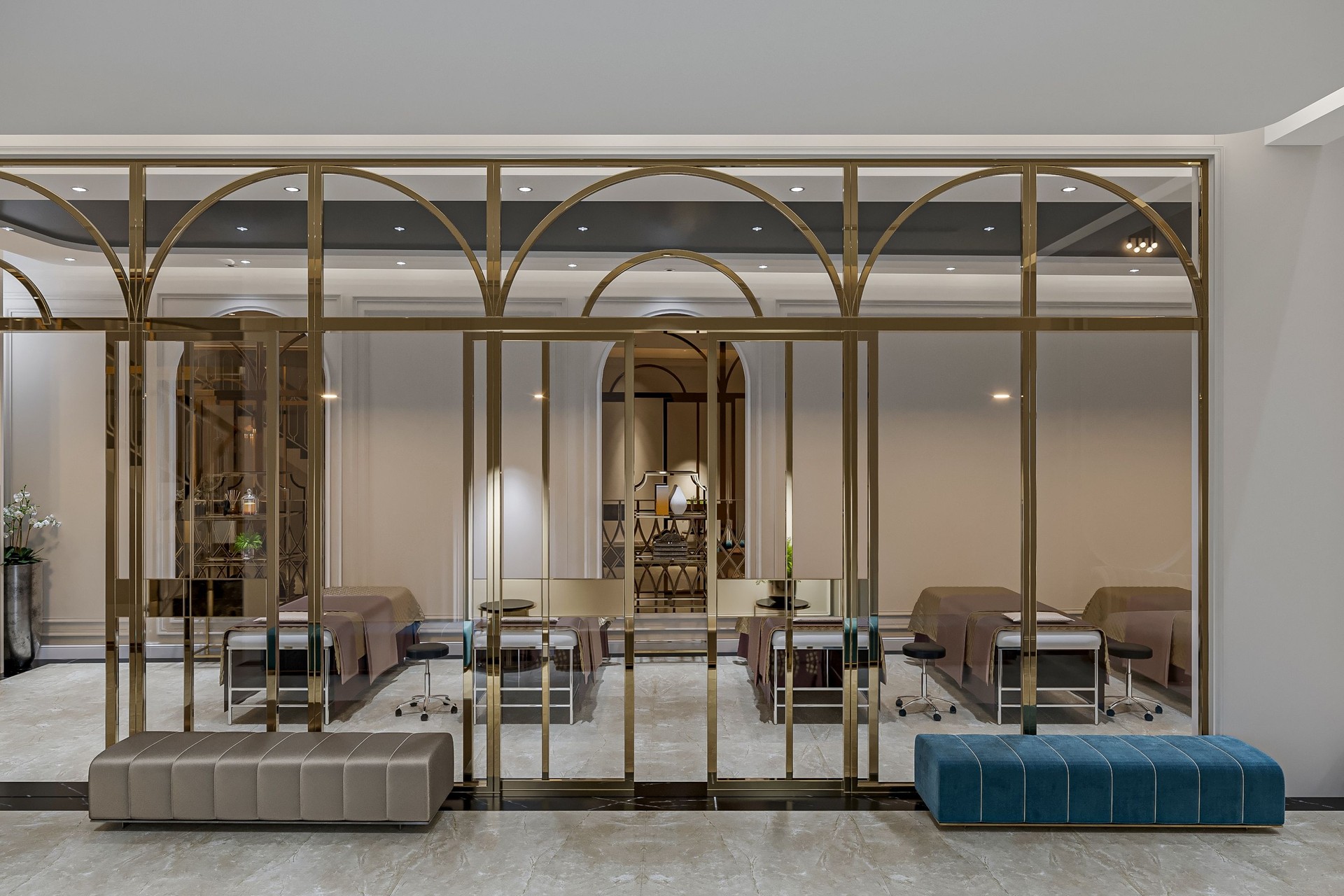 Modern spa and interior with relaxing seating benches and lavish decoration