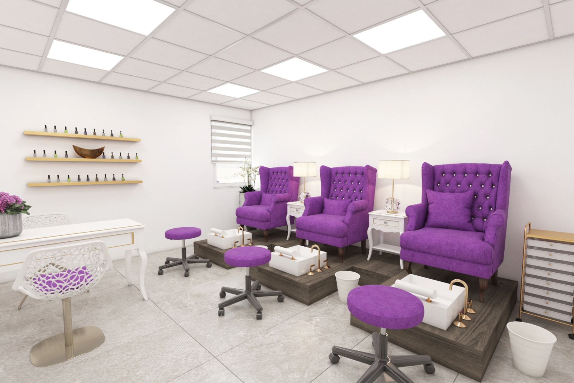 Elegant Nail Salon With Purple Chairs and Modern Interiors